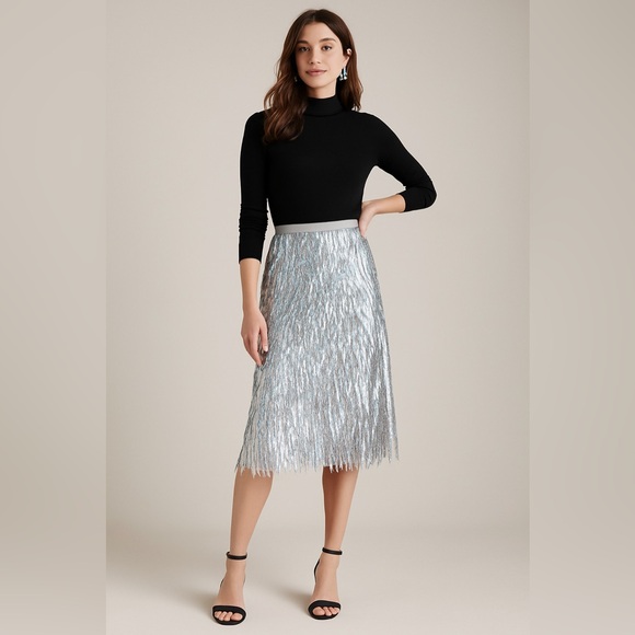Anthropologie Sz 0P Silver Holographic Fringe Midi Skirt Holiday